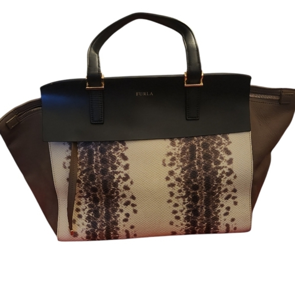 Furla Black and Brown Tote with Animal Patterned Design